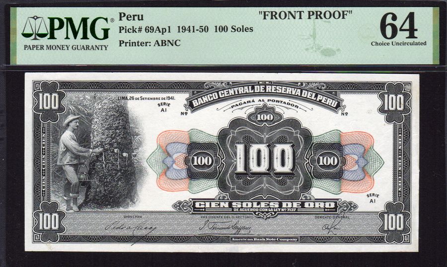 P-69Ap1, 1941-50, 100 Soles, Series A Front Proof, PMG-64